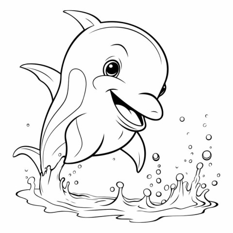 Dolphin jumping out of water - black and white vector illustrati