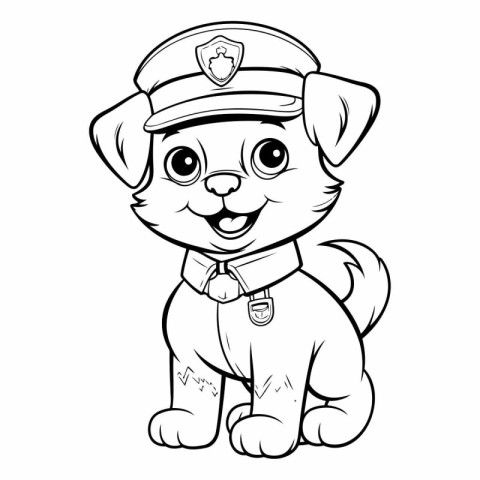 Black and White Cartoon Illustration of Cute Puppy Police Animal