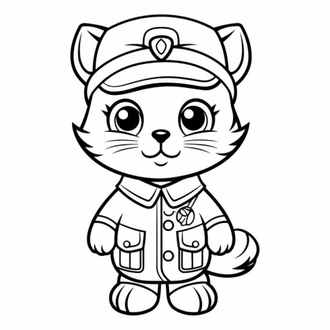 Black and White Cartoon Illustration of Cute Cat Police Officer