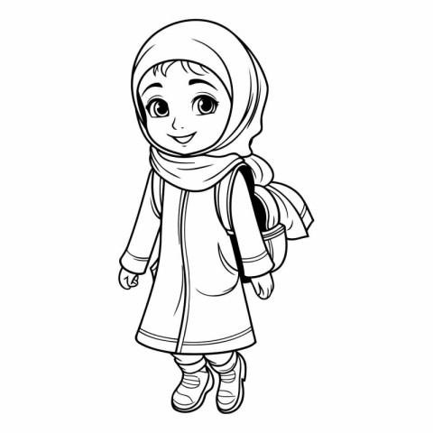 cute little muslim girl with backpack cartoon vector illustratio