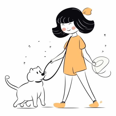 Girl walking with her dog in a flat style.