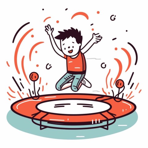 Happy boy jumping on trampoline in cartoon style.