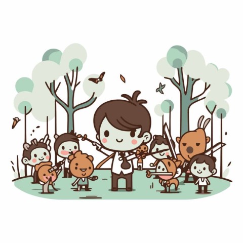 Cute cartoon kids playing music in the park.