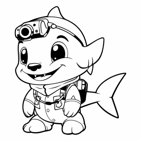 Black and White Cartoon Illustration of Cute Little Shark Animal