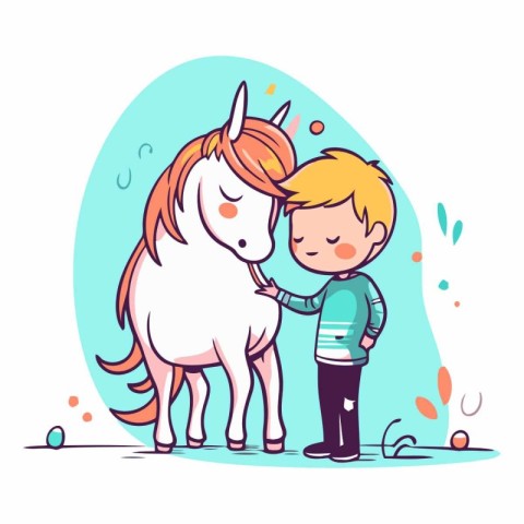 Cute little boy and white unicorn in flat cartoon style.