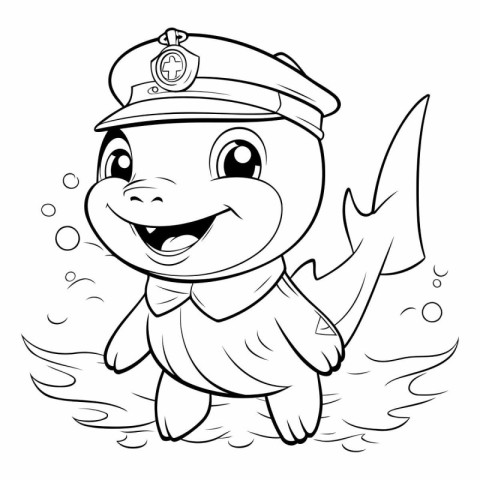 Black and White Cartoon Illustration of Cute Little Fish Captain