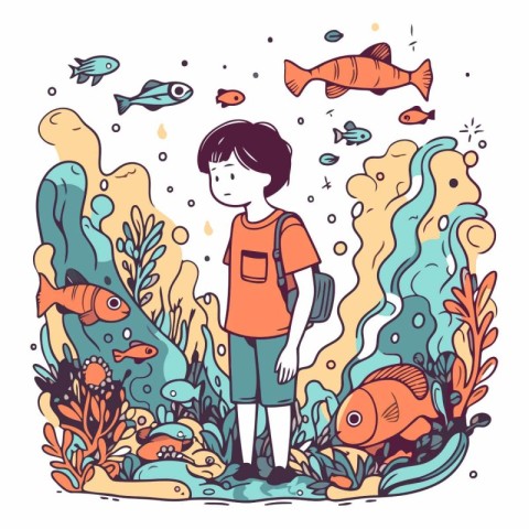 Cute little boy in a coral reef in cartoon style.