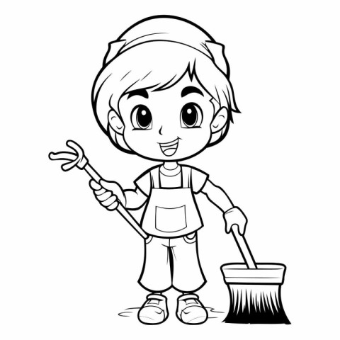 Cute Cartoon Girl Cleaning the Floor with a Broom - Coloring Boo