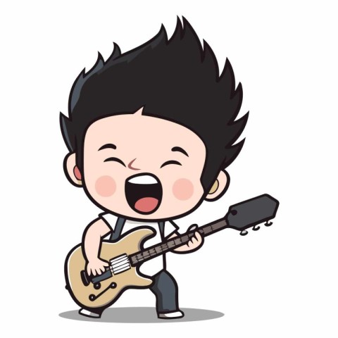 Boy Playing Guitar - Cute Cartoon Character Vector Illustration