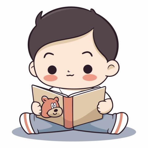 cute boy reading a book with teddy bear vector illustration desi