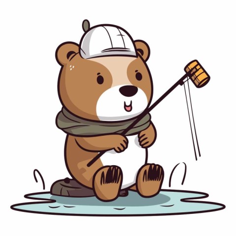 Beaver with a fishing rod on white background.