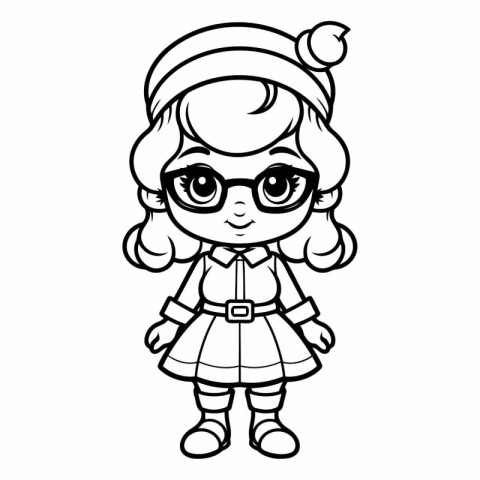 Black and White Cartoon Illustration of Cute Little Girl Wearing