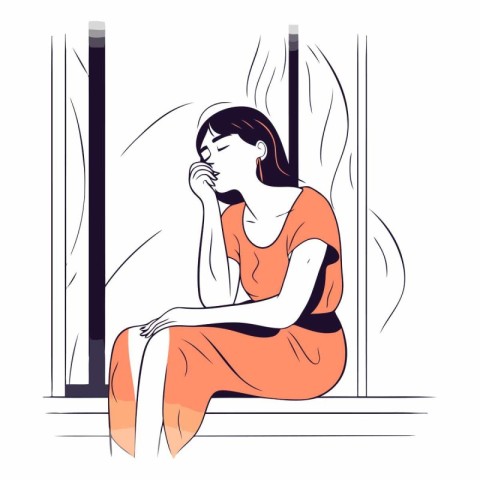 Sad girl sitting near the window in cartoon style.