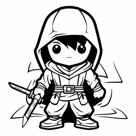 Ninja - Black and White Cartoon Mascot Illustration.