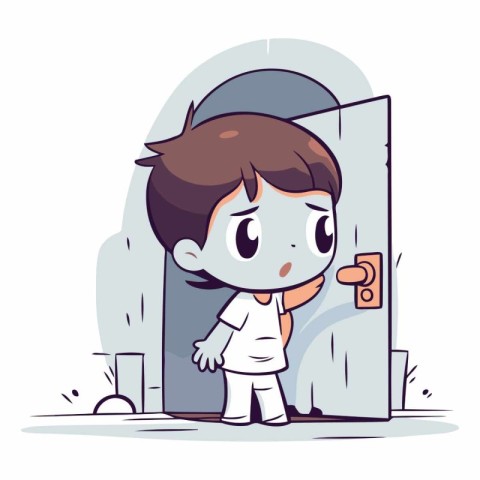 Boy coming out of the door in cartoon style.