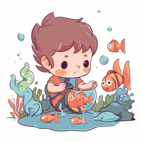 Cute little boy in the sea with fishes.