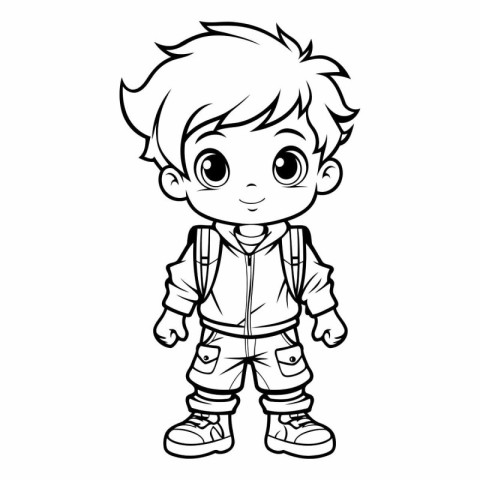 Cute little boy with backpack for coloring book.