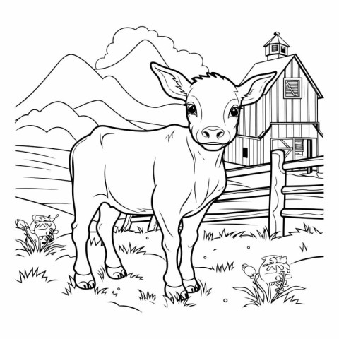 Coloring pages for children. Cute cartoon baby donkey on the far