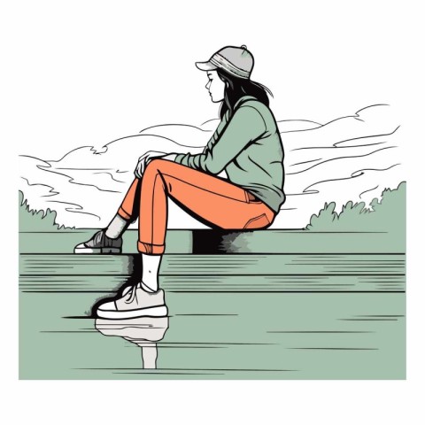 Vector illustration of a girl in a hat and a green jacket sittin