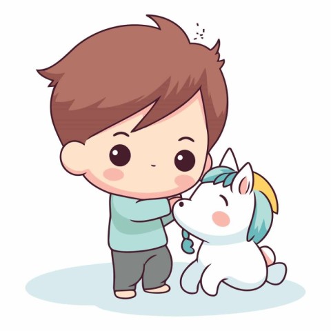 cute little boy playing with little unicorn cartoon vector illus