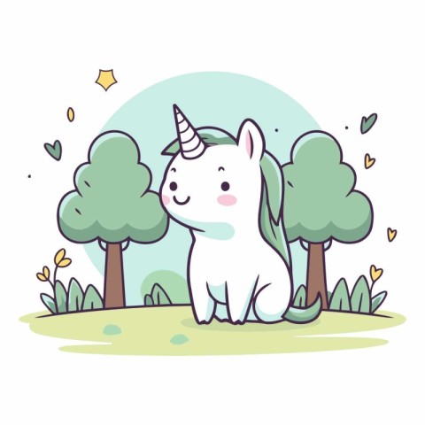 Cute cartoon unicorn in the forest for your design