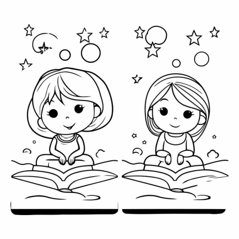 Cute cartoon girls reading book for coloring book.