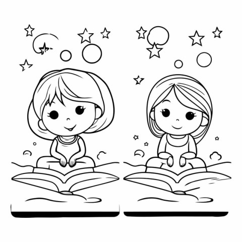 Cute cartoon girls reading book for coloring book.
