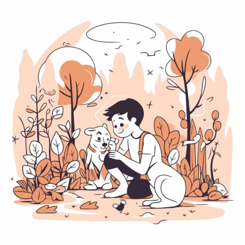 Vector illustration of a boy with a dog in the autumn park.