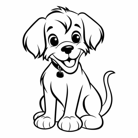 Cute Little Puppy Dog - Black and White Cartoon Illustration. Ve