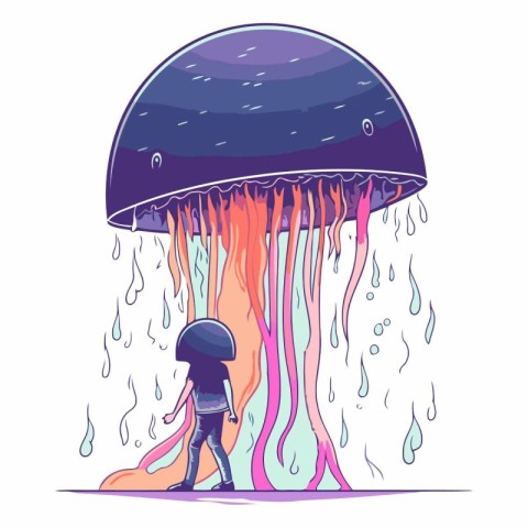 Vector illustration of a girl in a raincoat and a jellyfish.