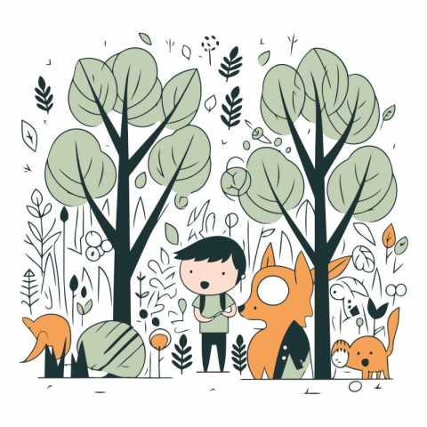 Cute cartoon boy with fox in the forest.