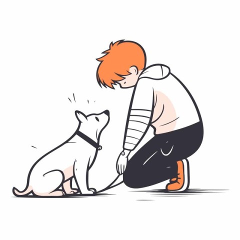 Little boy playing with a dog in cartoon style.