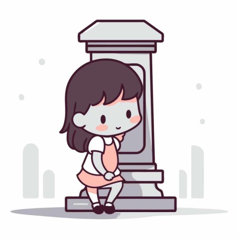 Girl leaning on pillar. Cute and funny cartoon vector illustrati