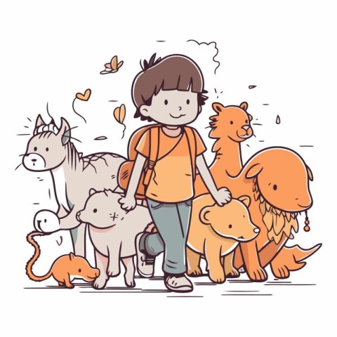 Little boy walking with pets. Cute cartoon characters.