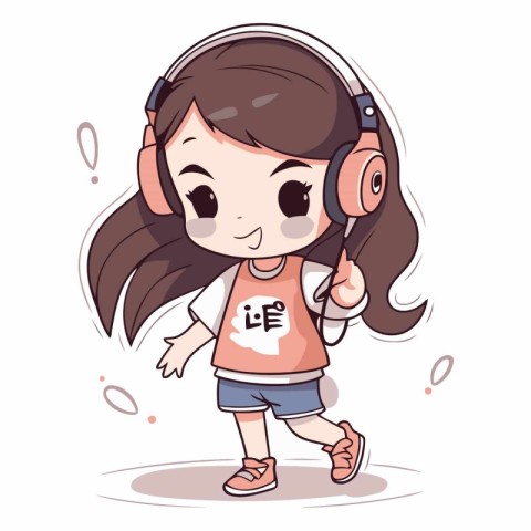 Cute cartoon girl listening to music with headphones.