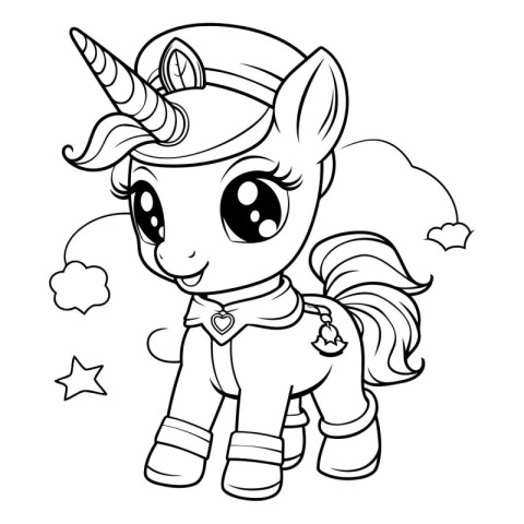 Black and White Cartoon Illustration of Cute Unicorn Fantasy Cha