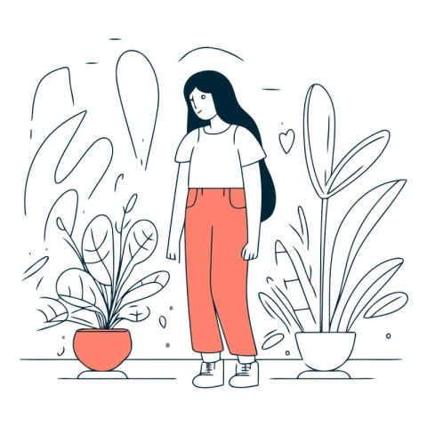 Flat line art illustration of a woman standing in front of plant