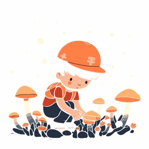 Cute little boy in a hat and a t-shirt collects mushrooms.