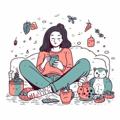 Illustration of a girl sitting with a cup of coffee in her hands