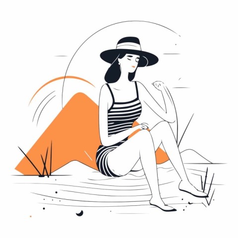 Vector illustration of a girl in a hat sitting on the beach.