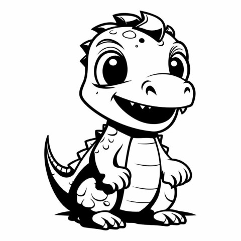 Cute Dinosaur - Black and White Cartoon Illustration. Vector Art