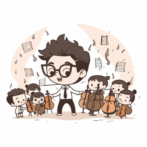 Illustration of a teacher and students with musical notes around