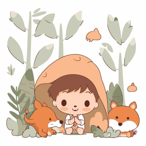 cute little boy with fox and bear in the jungle vector illustrat