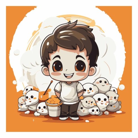 Cute boy with many snowmen and snowballs.