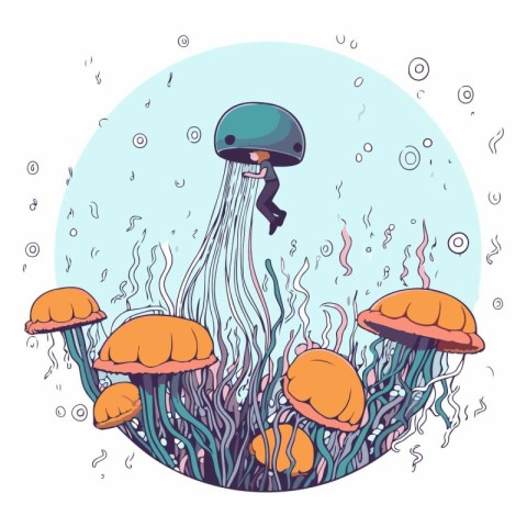 Cartoon jellyfish in the sea in a flat style.