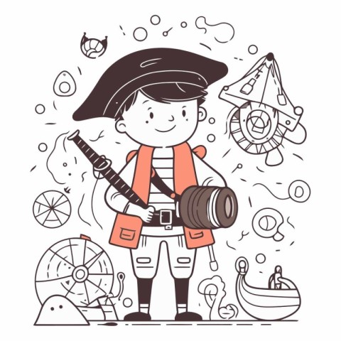 Cute little boy in pirate costume. Vector line art illustration.