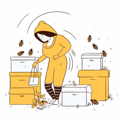 Beekeeper with boxes of honey and bees in doodle style