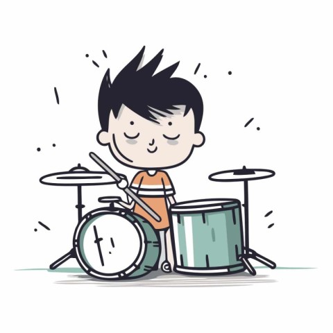 Cute boy playing drums. Vector hand drawn illustration in cartoo