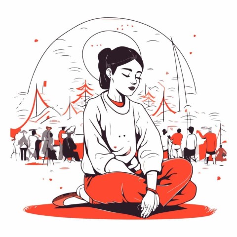 Vector illustration of a woman sitting in lotus position and med