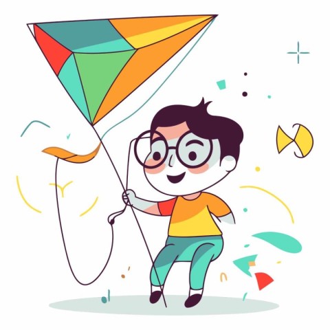 Cute Cartoon Kid Playing with Colorful Kite